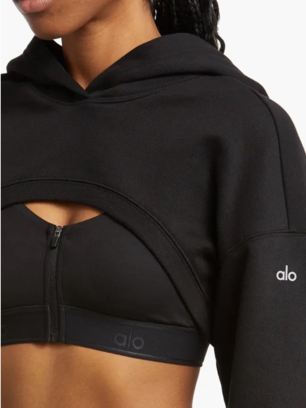 ALO Yoga Shrug It Off Cropped Fleece Hoodie Black Slouchy Activewear Relaxed - Picture 4 of 13
